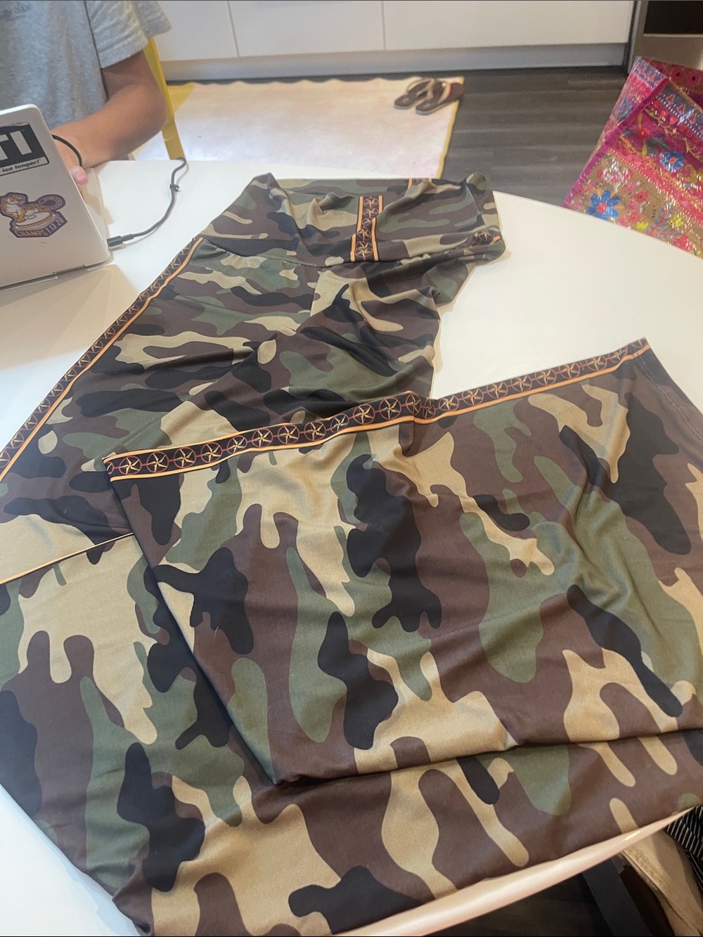 Camo Print Wide Leg Pants with Decorative Trim